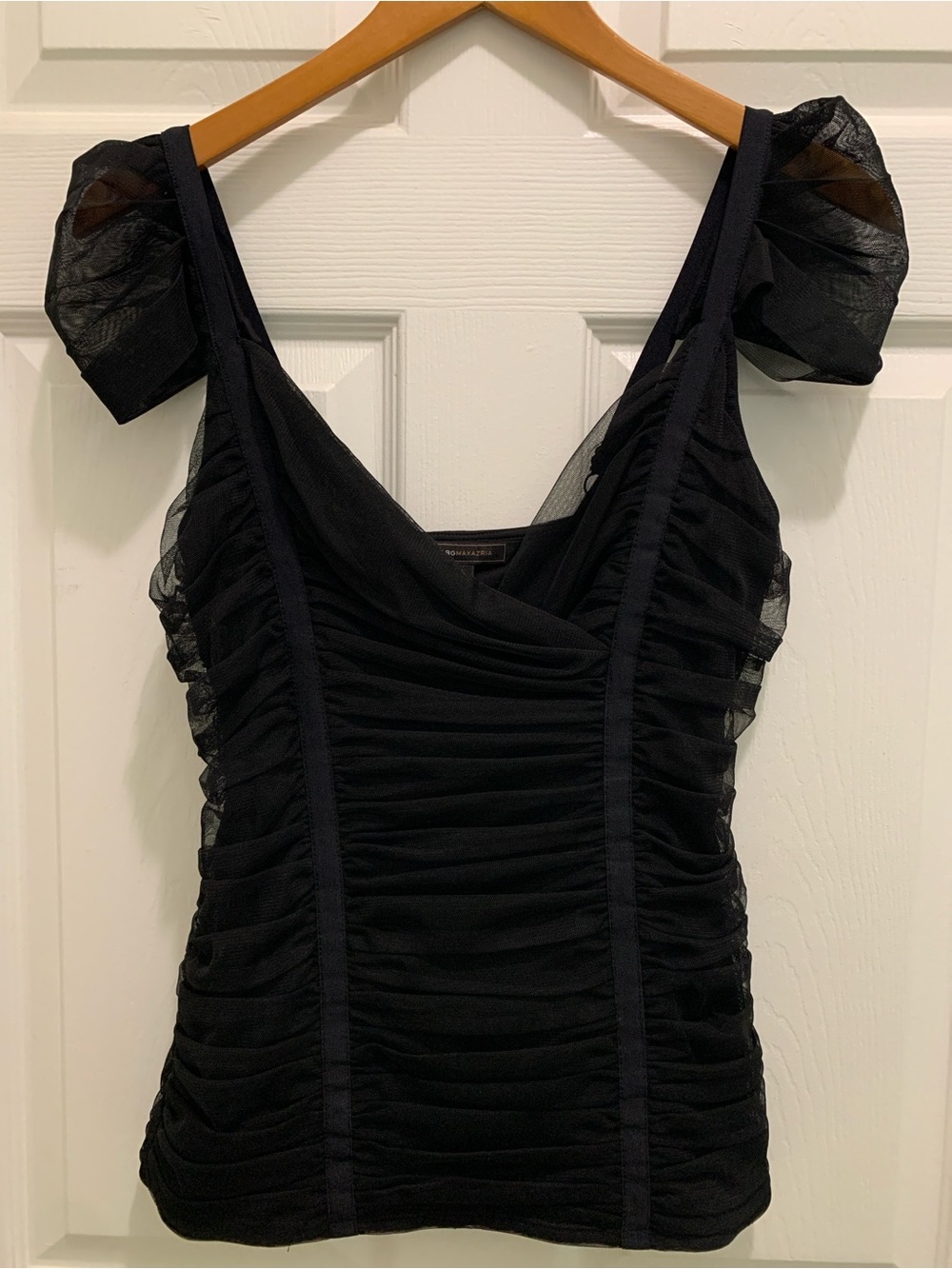 BCBGMAXAZRIA Black Ruched Puff-Sleeve Womens Top Cocktail Evening NWOT Size S
